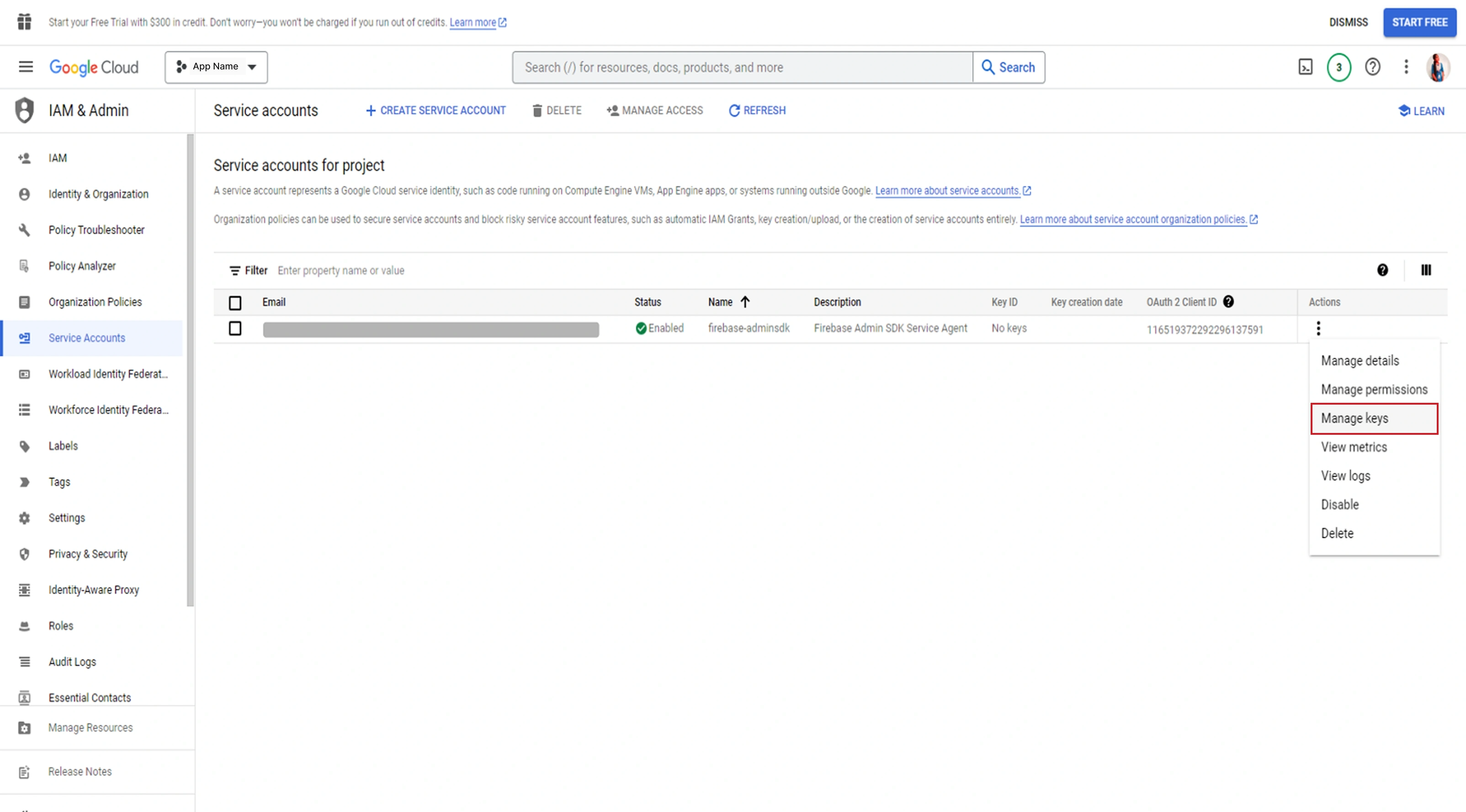 Create service account key