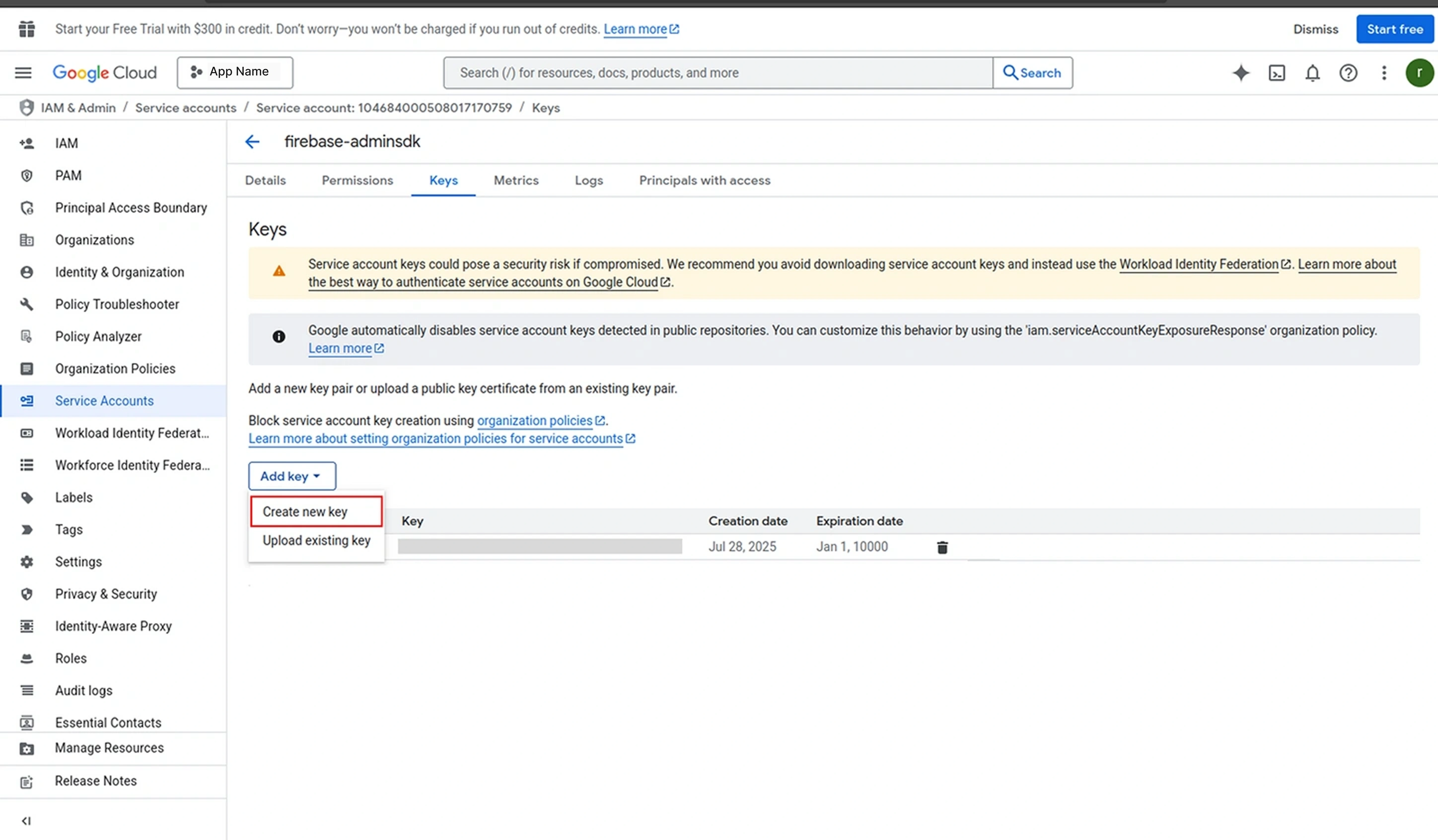 Create service account key